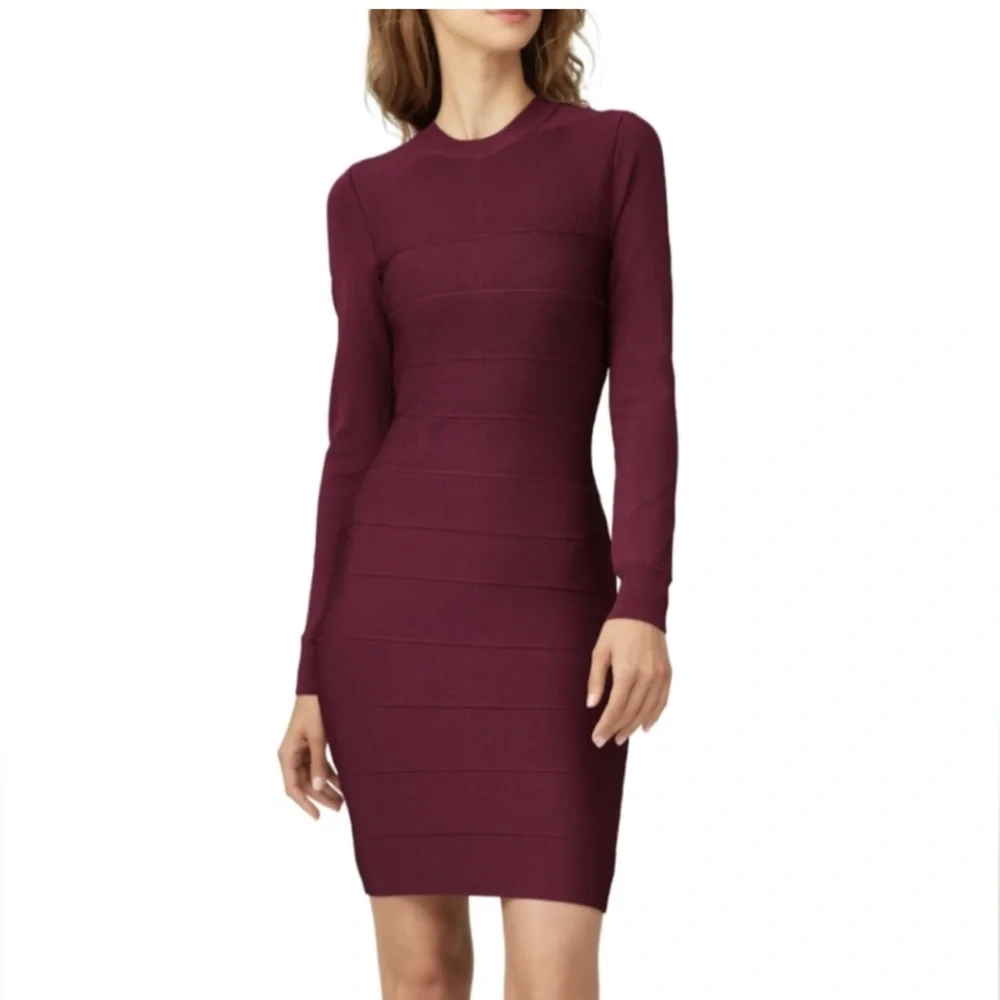 Herve Leger Paris Long Sleeve Bodycon Dress in Burgundy size M new - Picture 1 of 14